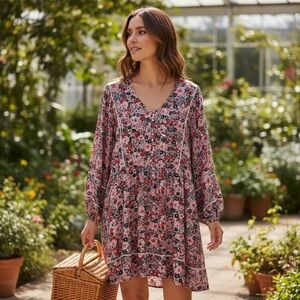 Natural Life Pink Blue Floral Short Mini Dress Wide Sleeves